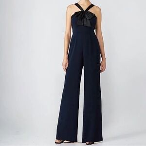 Jay Godfrey Dryden Bow Pleated Jumpsuit Wide Leg Navy Blue Size 2 Black Satin